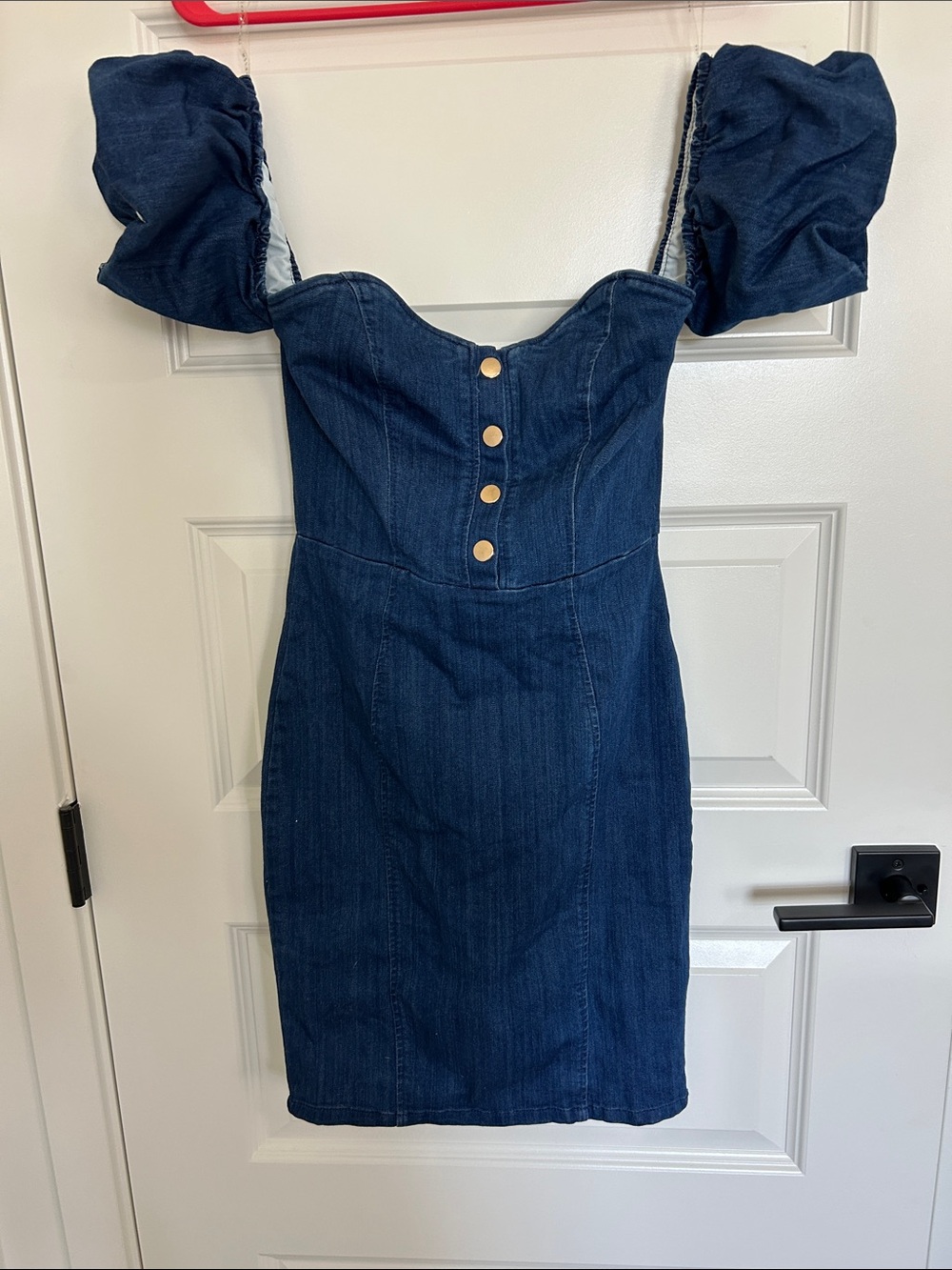 Haute Monde Dark Blue Denim Puff-Sleeve Mini Dress